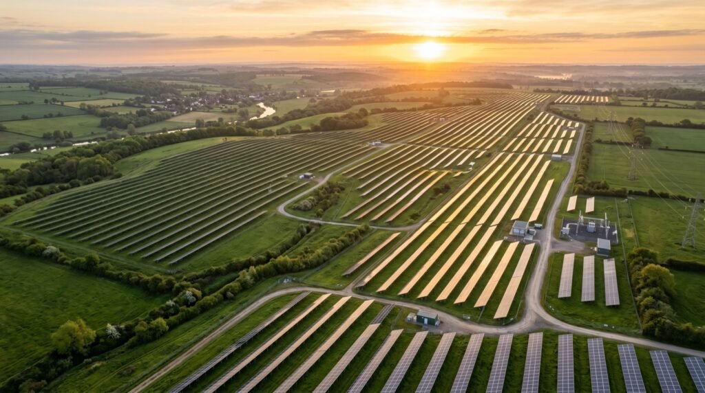 Aerial view of a large solar farm at sunrise